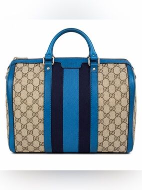 Vintage Web Boston Gucci Blue Stripe Canvas Top-Handle Shoulder Bag